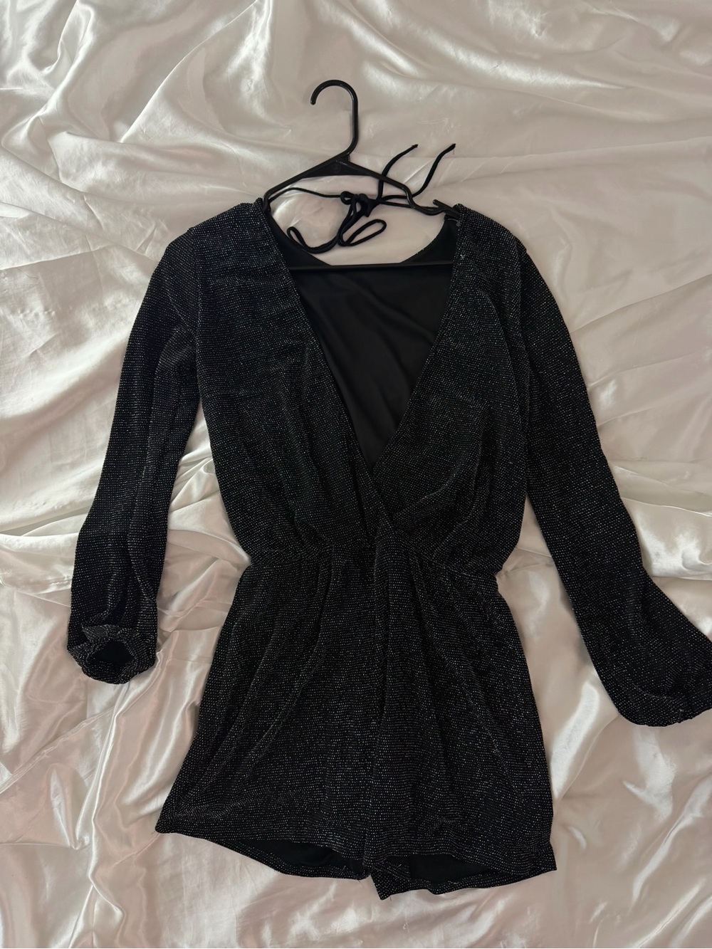 Women's Black Sparkle Long-Sleeve V-Neck Romper Dress